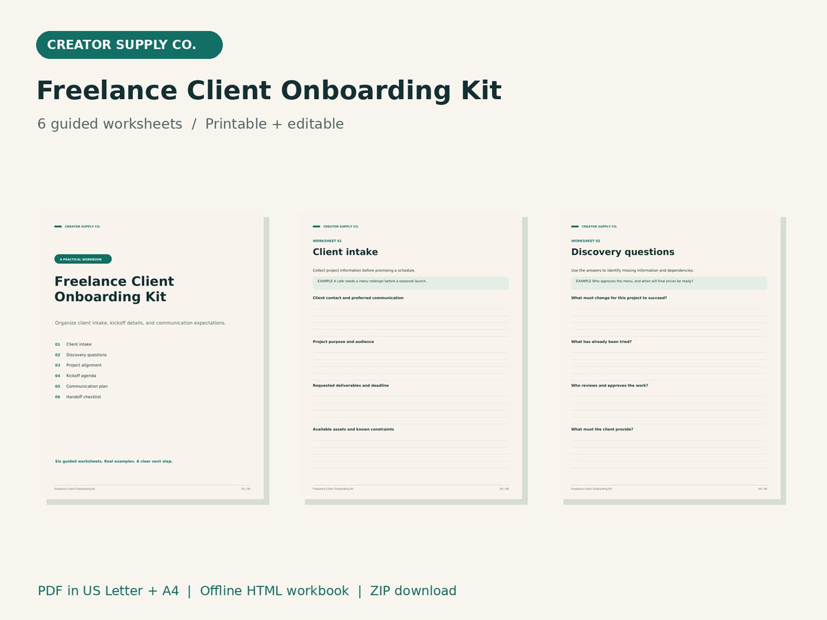 Freelance Client Onboarding Kit – printable PDF pages preview