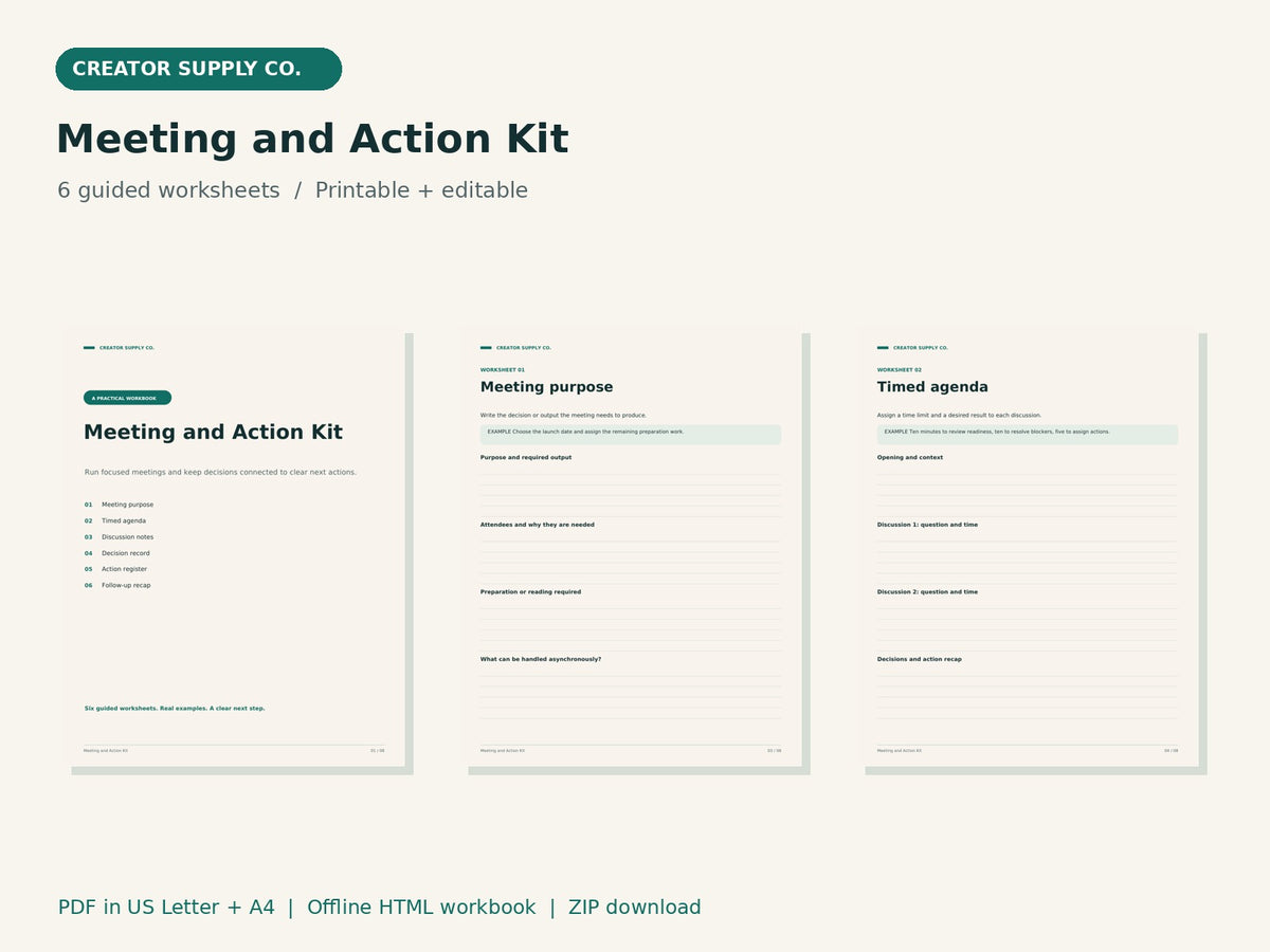 Meeting and Action Kit – printable PDF pages preview