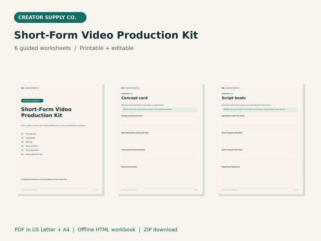 Short-Form Video Production Kit – printable PDF pages preview