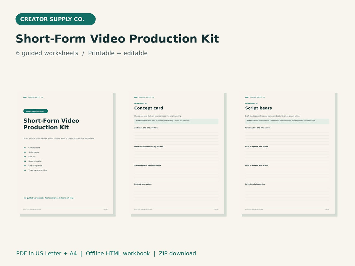 Short-Form Video Production Kit – printable PDF pages preview