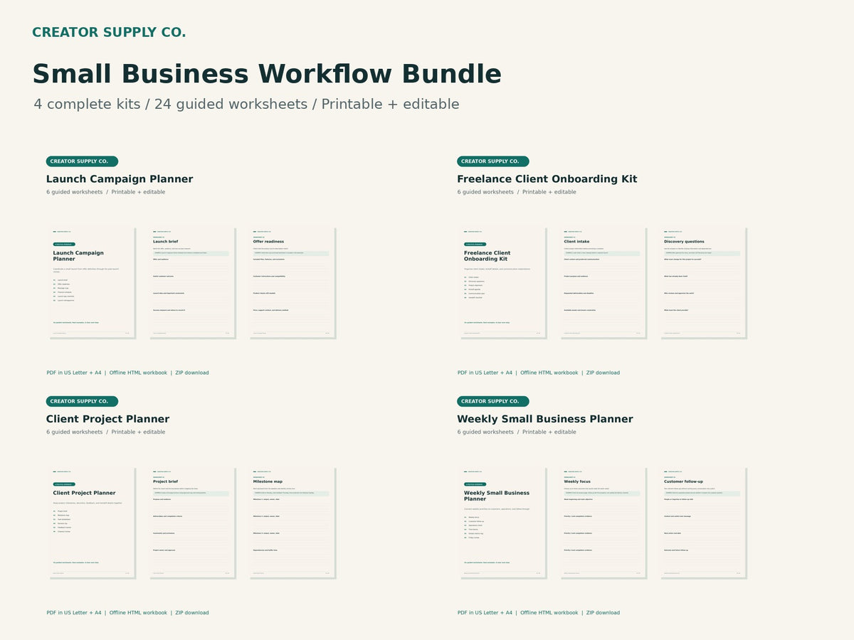 The four workbooks included in Small Business Workflow Bundle