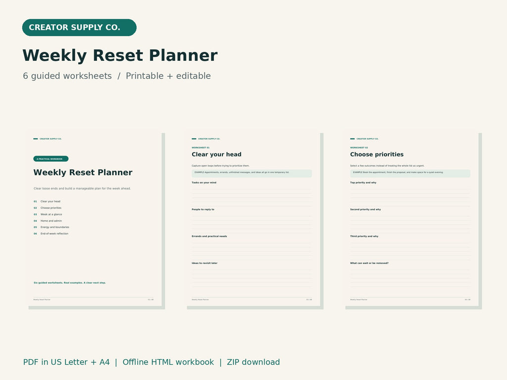 Weekly Reset Planner – printable PDF pages preview