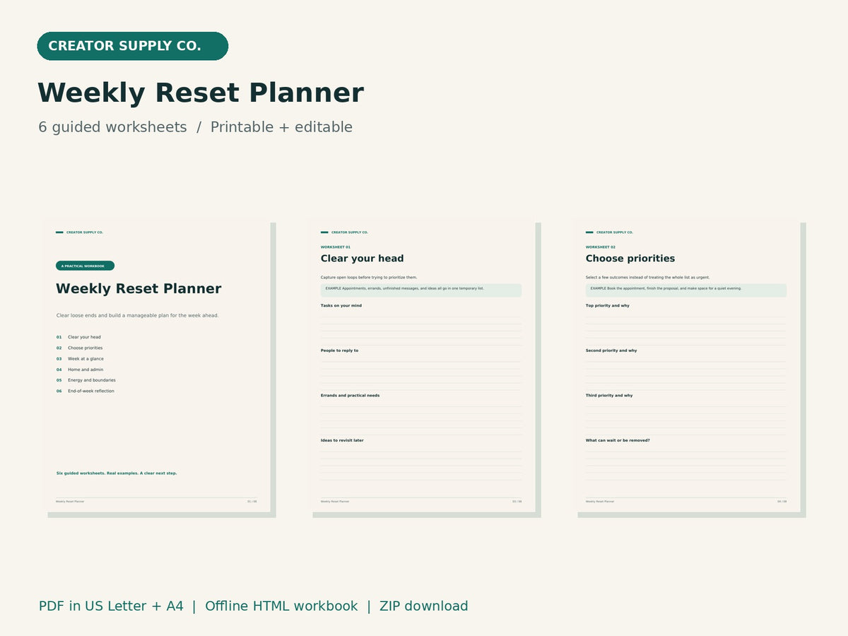 Weekly Reset Planner – printable PDF pages preview