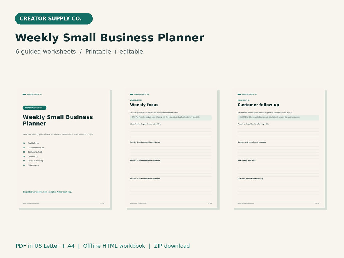 Weekly Small Business Planner – printable PDF pages preview