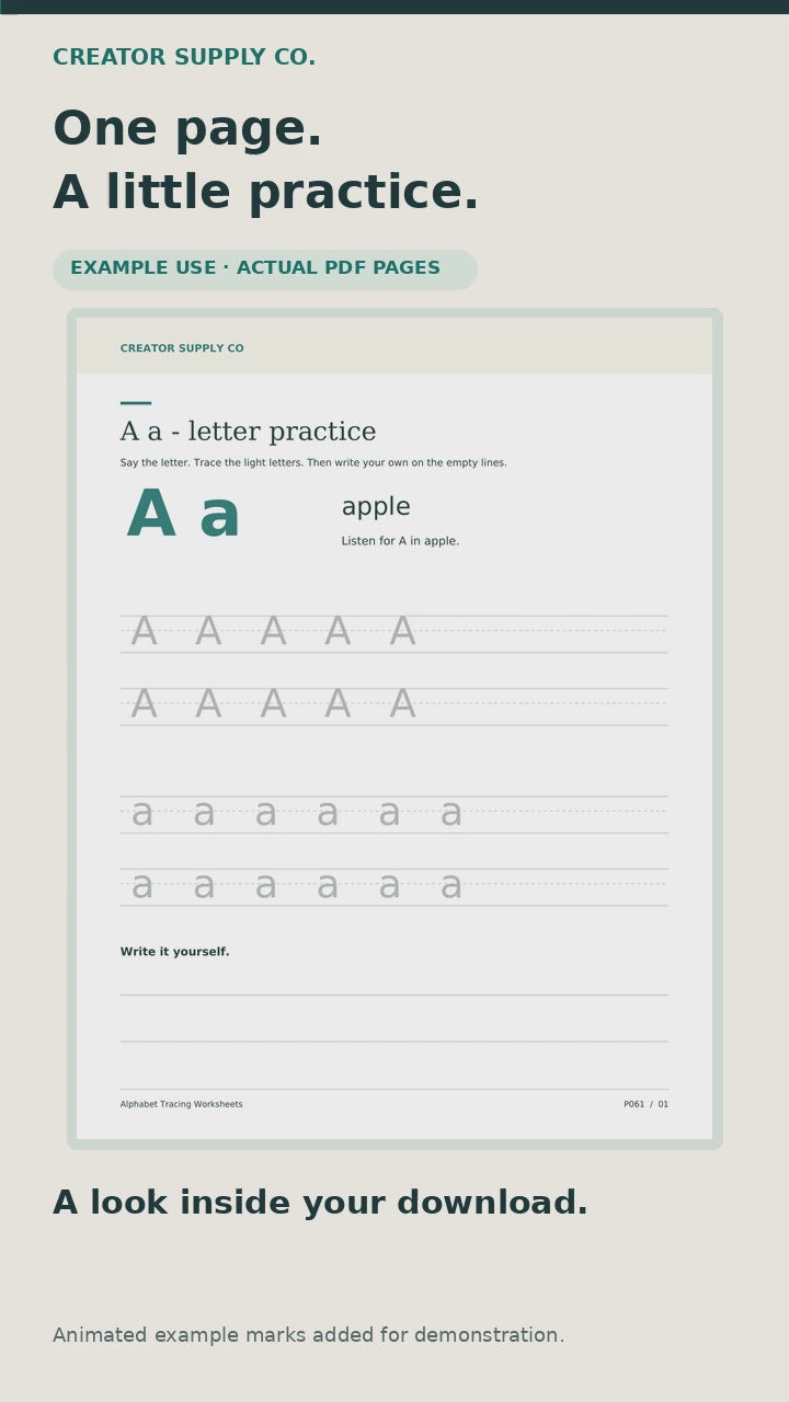 Kids Learning Mega Bundle – 14 Printable Activity Packs – short demo of letter A tracing and a sample reading response