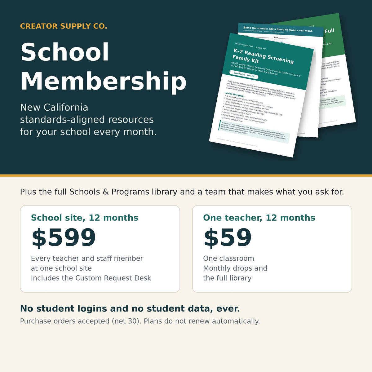 School Membership from Creator Supply Co.: new California standards-aligned resources every month. School site 12 months $599, one teacher 12 months $59.