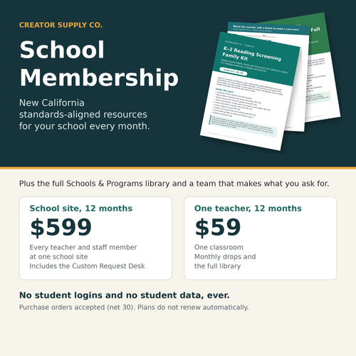 School Membership from Creator Supply Co.: new California standards-aligned resources every month. School site 12 months $599, one teacher 12 months $59.
